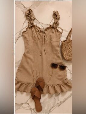 Beige Ruffled Tie-Front Summer Dress